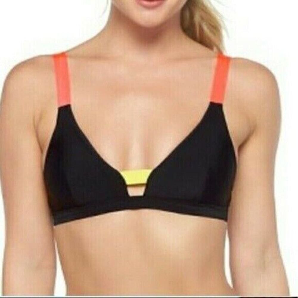 Black Bikini Top Triangle Strappy Cage Summer Beach Swim Color Block Neon S